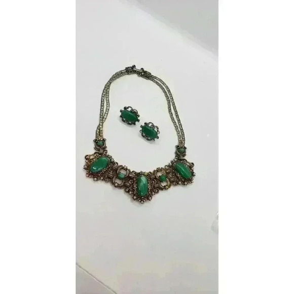 VTG Selro Selini unsigned Emerald Green Cabochon Necklace & Earrings Catalog Pc - Picture 8 of 16